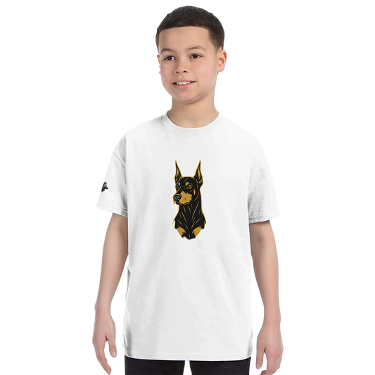 T-shirt enfant classique ras du cou tête Dobermann dorée et noire1 avec logo sur manche droite MolossDesign