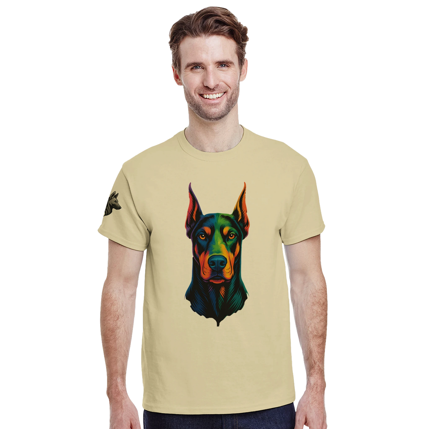 T-shirt adulte unisexe épais ras du cou jaune tête Dobermann arc en ciel