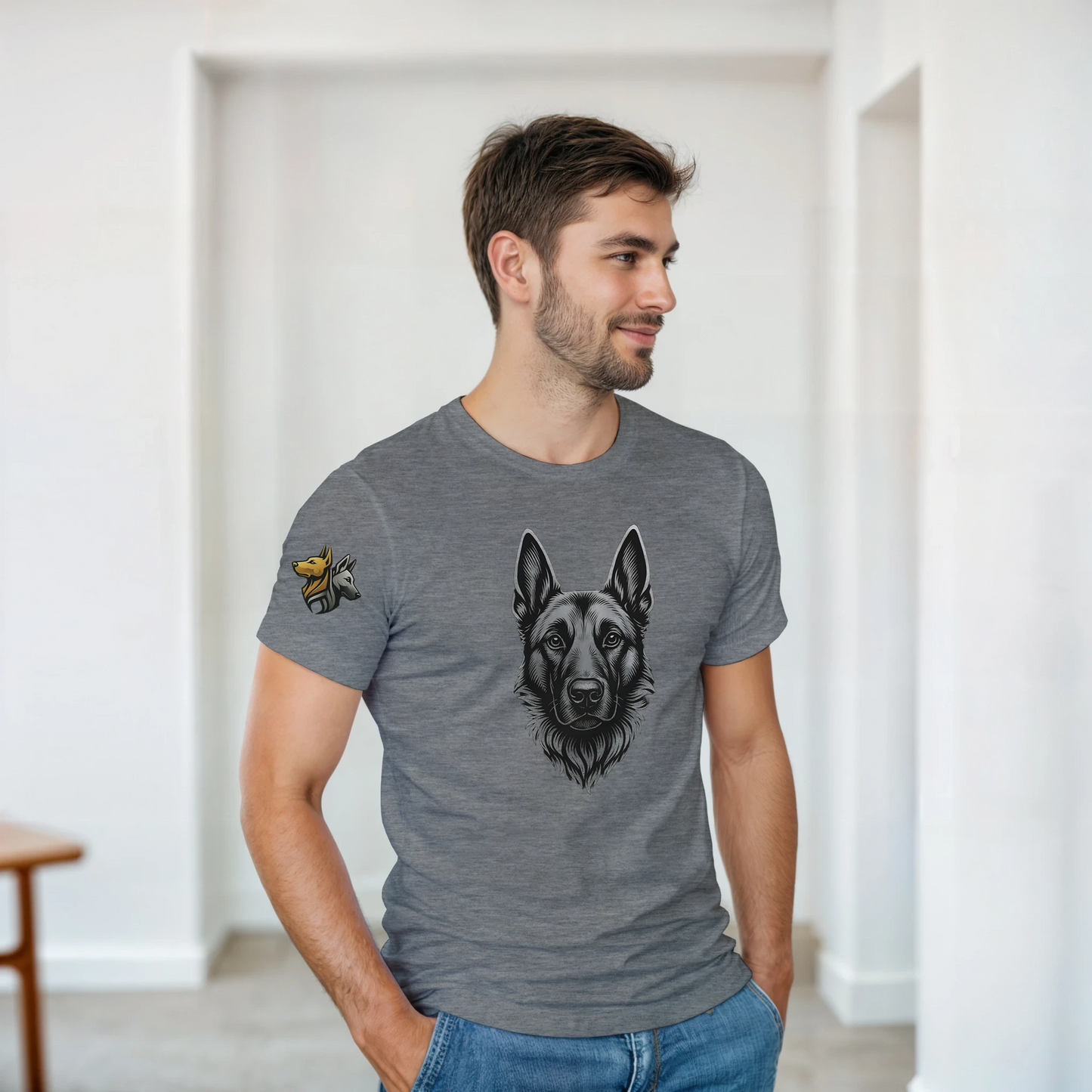 T-shirt adulte unisexe épais ras du cou gris tête Malinois argentée