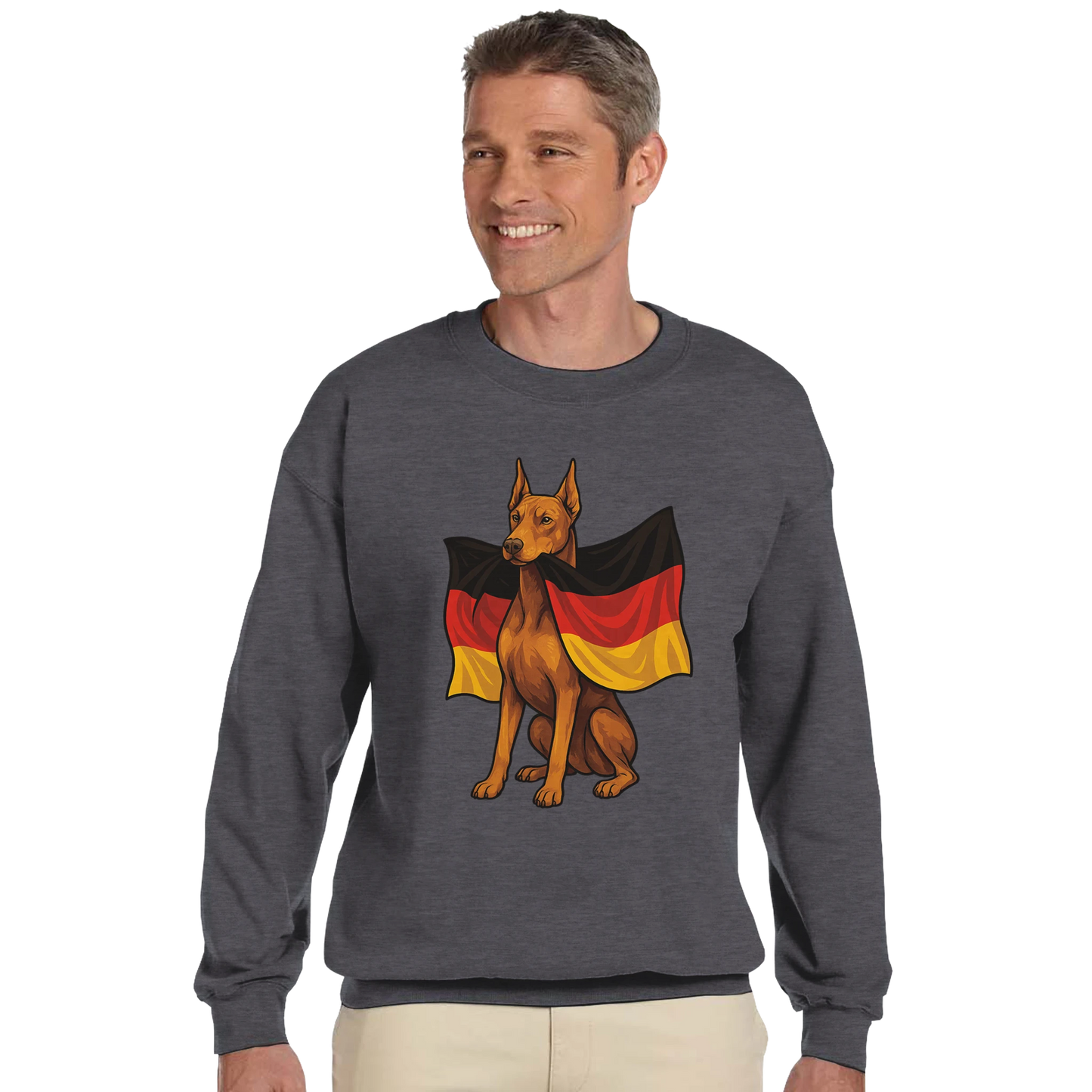 Sweat-shirt adulte unisexe classique ras du cou gris Dobermann+drapeau