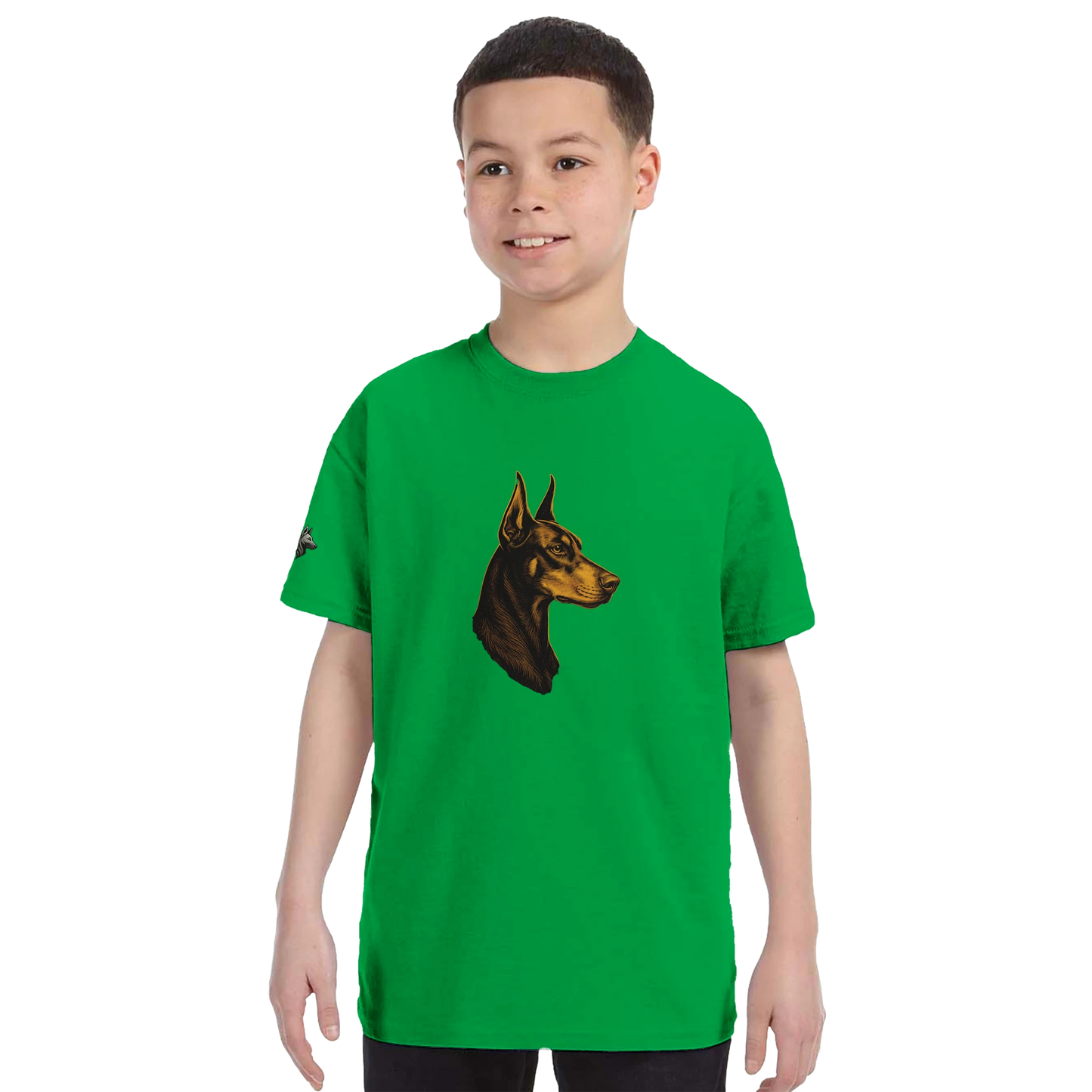 T-shirt enfant classique ras du cou tête profil Dobermann dorée avec logo sur la manche MolossDesign