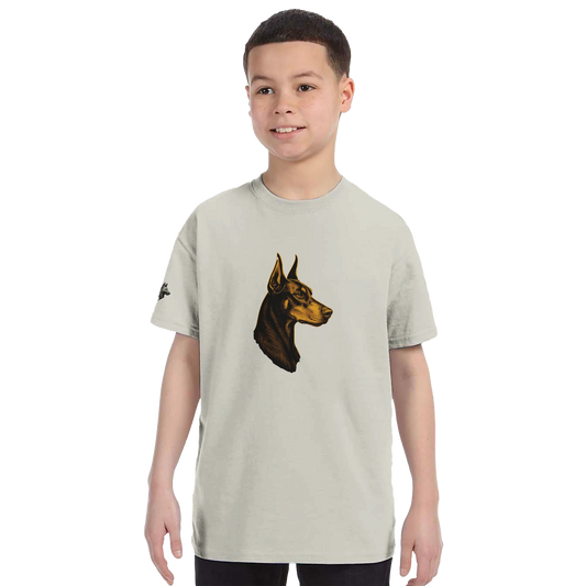 T-shirt enfant classique ras du cou tête profil Dobermann dorée avec logo sur la manche MolossDesign