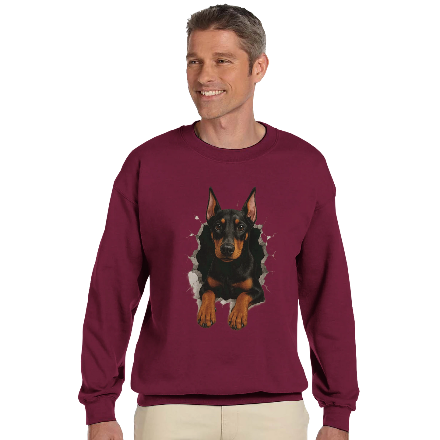 Sweat-shirt adulte unisexe classique ras du cou rouge Dobermann trou mur