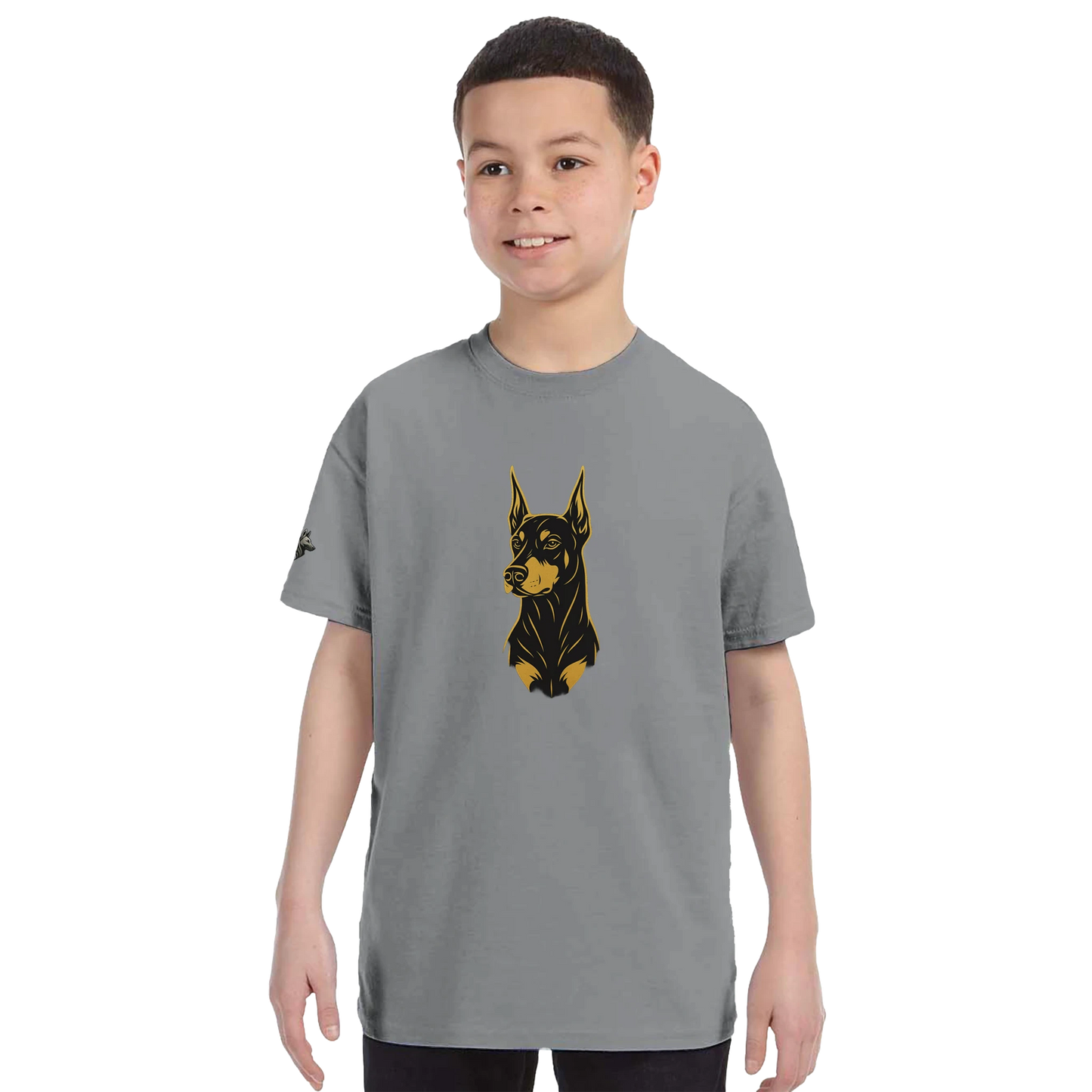 T-shirt enfant classique ras du cou tête Dobermann dorée et noire1 avec logo sur manche droite MolossDesign