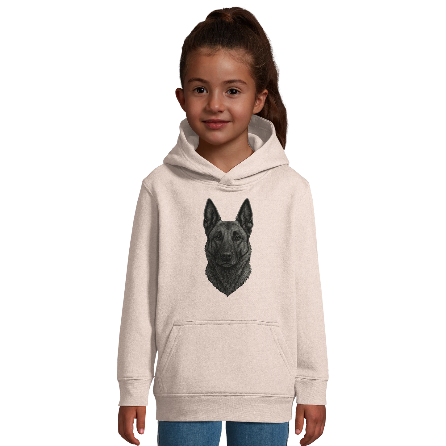 Sweat-shirt à capuche enfant rose clair tête Malinois argentée