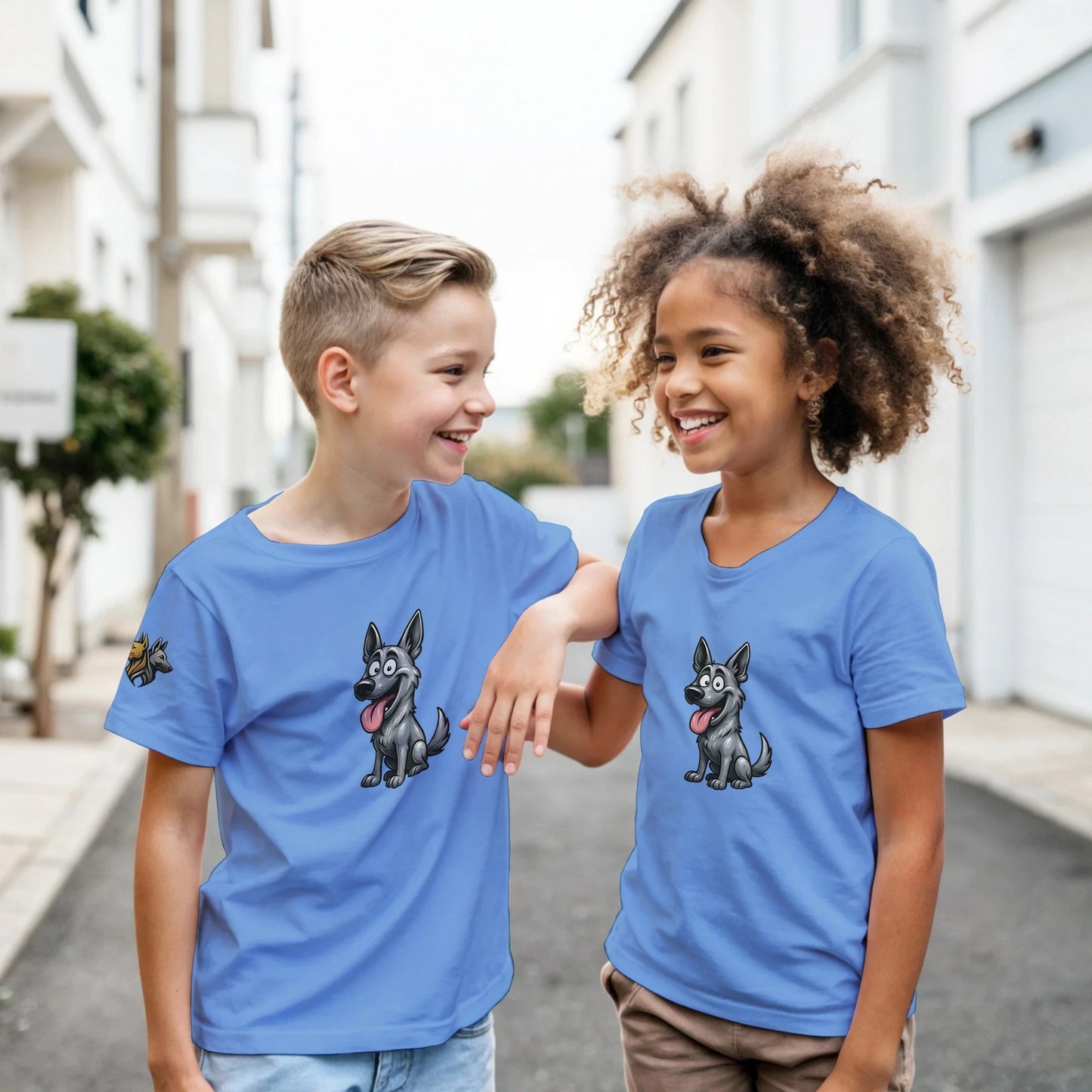 Marque MolossDesign | T-shirt enfant classique ras du cou Malinois humour1 avec logo sur manche droite MolossDesign