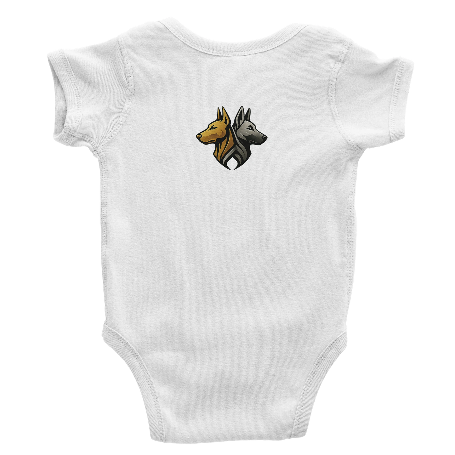 Grenouillère bébé classique à manches courtes Dobermann humour avec logo sur dos MolossDesign