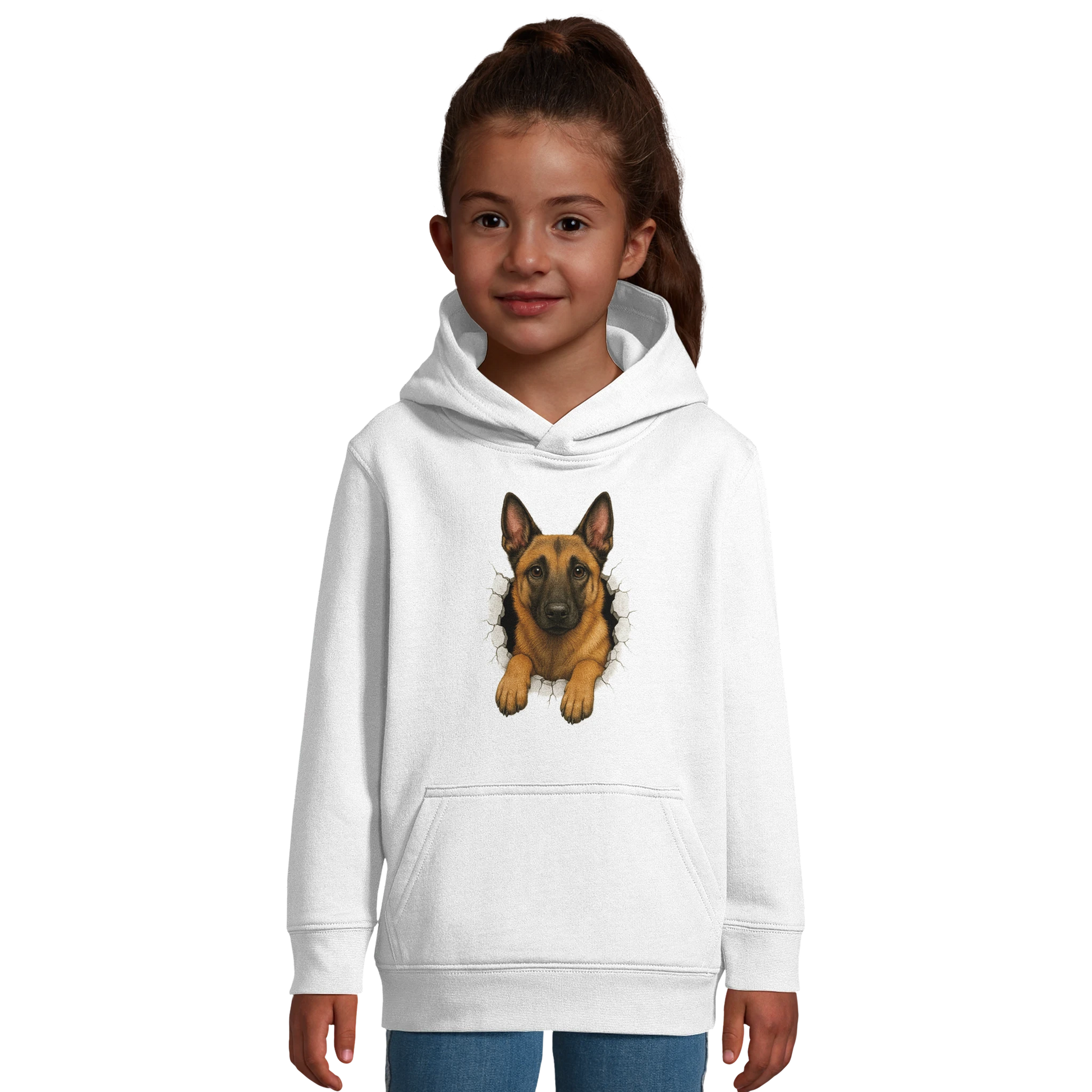 Sweat-shirt enfant à capuche blanc Malinois trou mur