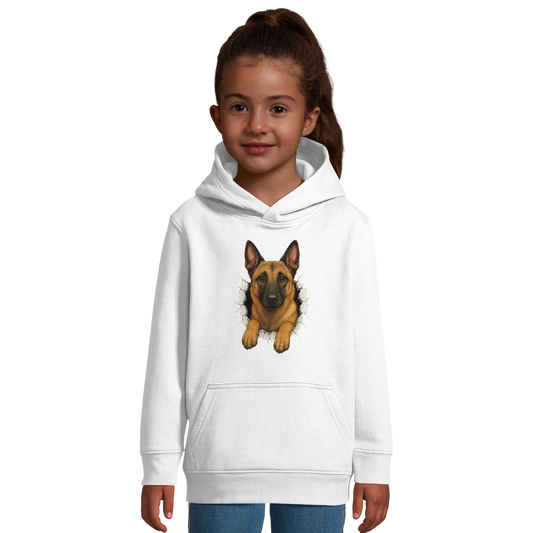 Sweat-shirt enfant à capuche blanc Malinois trou mur
