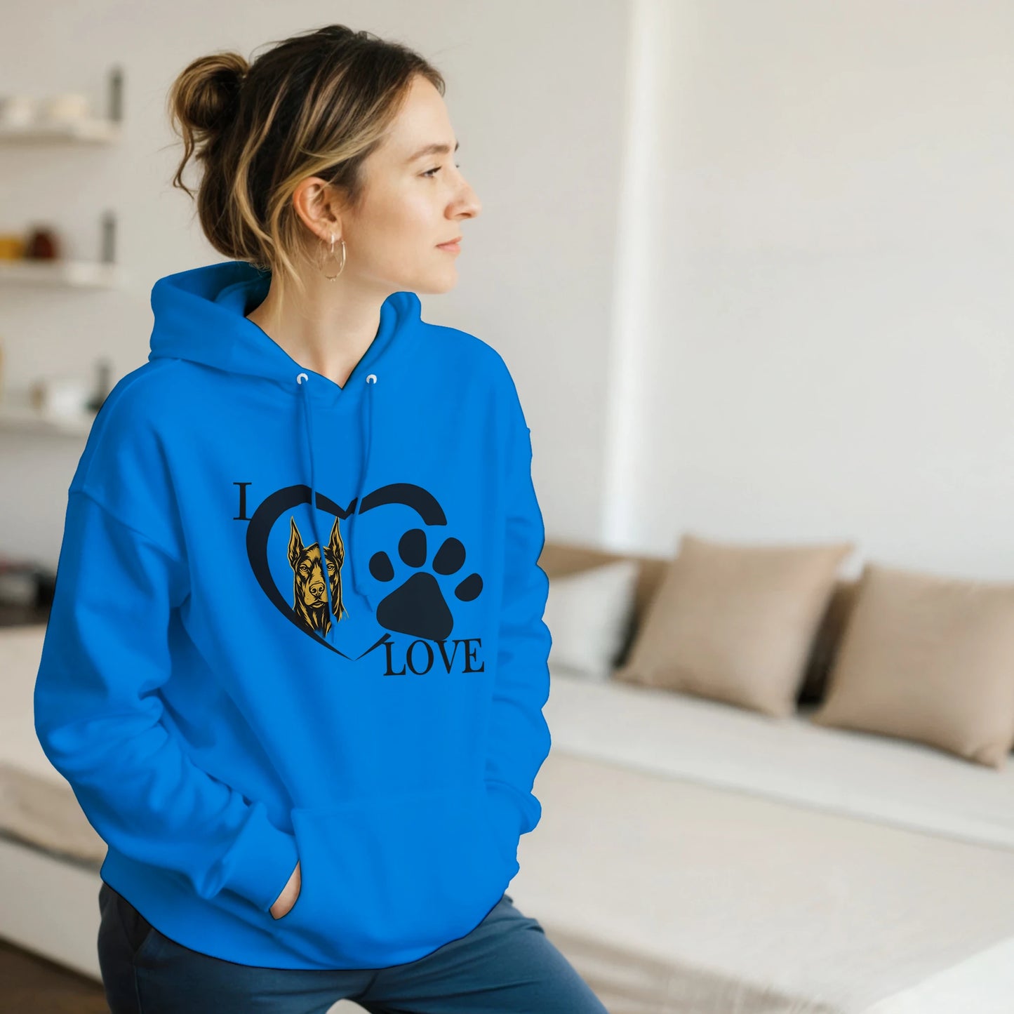 Sweat à capuche adulte unisexe classique bleu I love Dobermann
