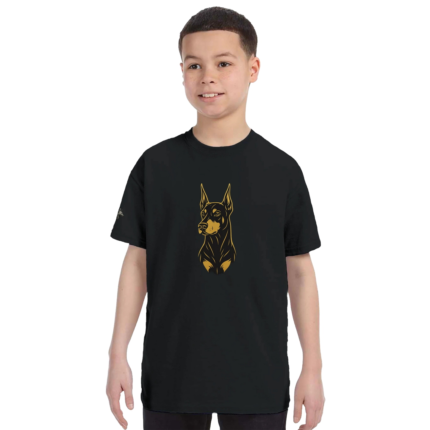 T-shirt enfant classique ras du cou tête Dobermann dorée et noire1 avec logo sur manche droite MolossDesign