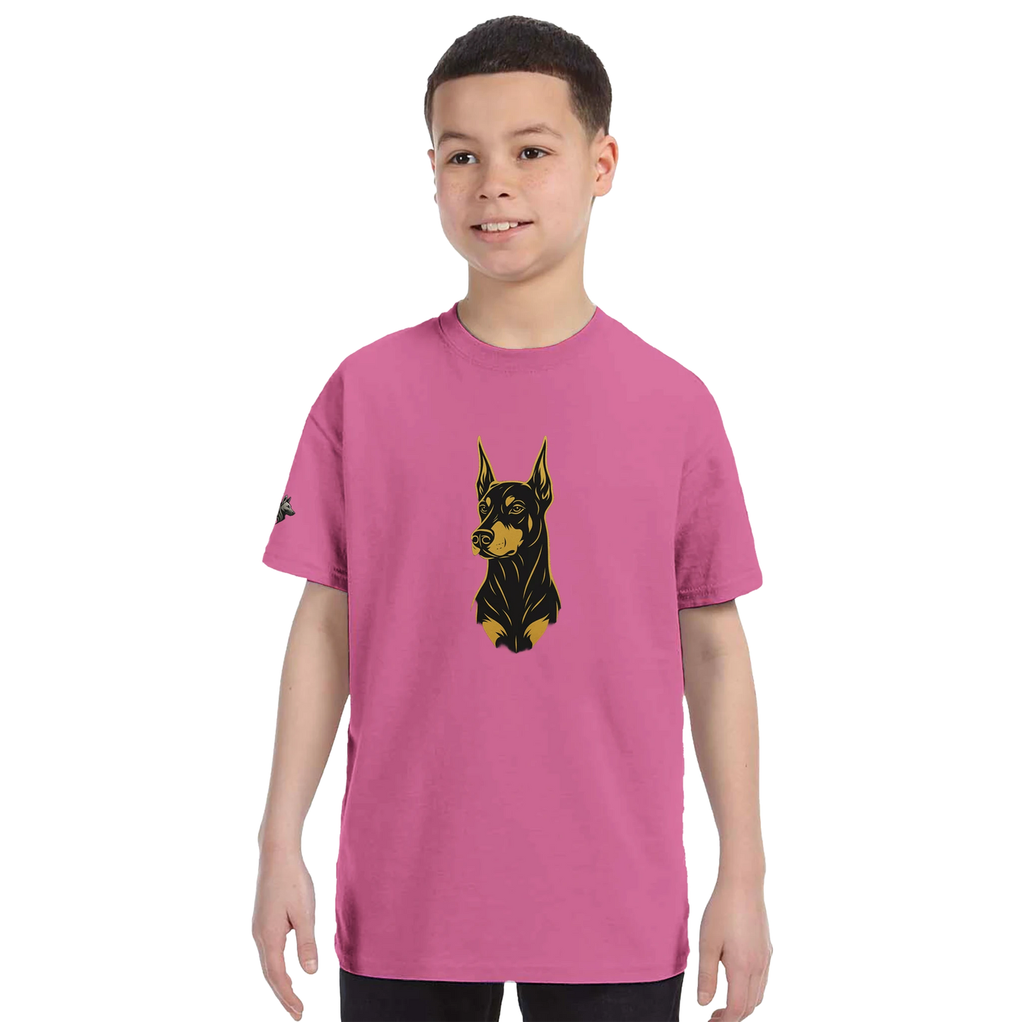 T-shirt enfant classique ras du cou tête Dobermann dorée et noire1 avec logo sur manche droite MolossDesign