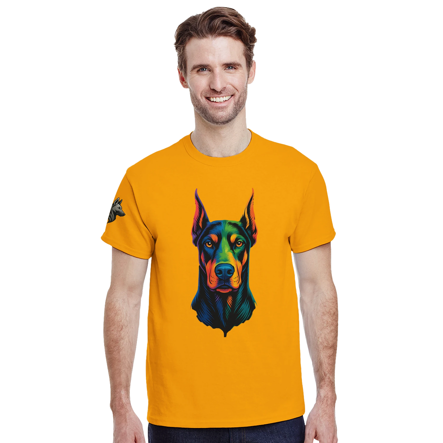 T-shirt adulte unisexe épais ras du cou jaune tête Dobermann arc en ciel