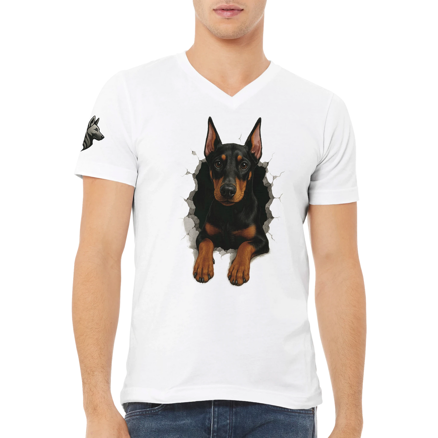 T-shirt adulte unisexe premium col en V blanc-Dobermann trou mur