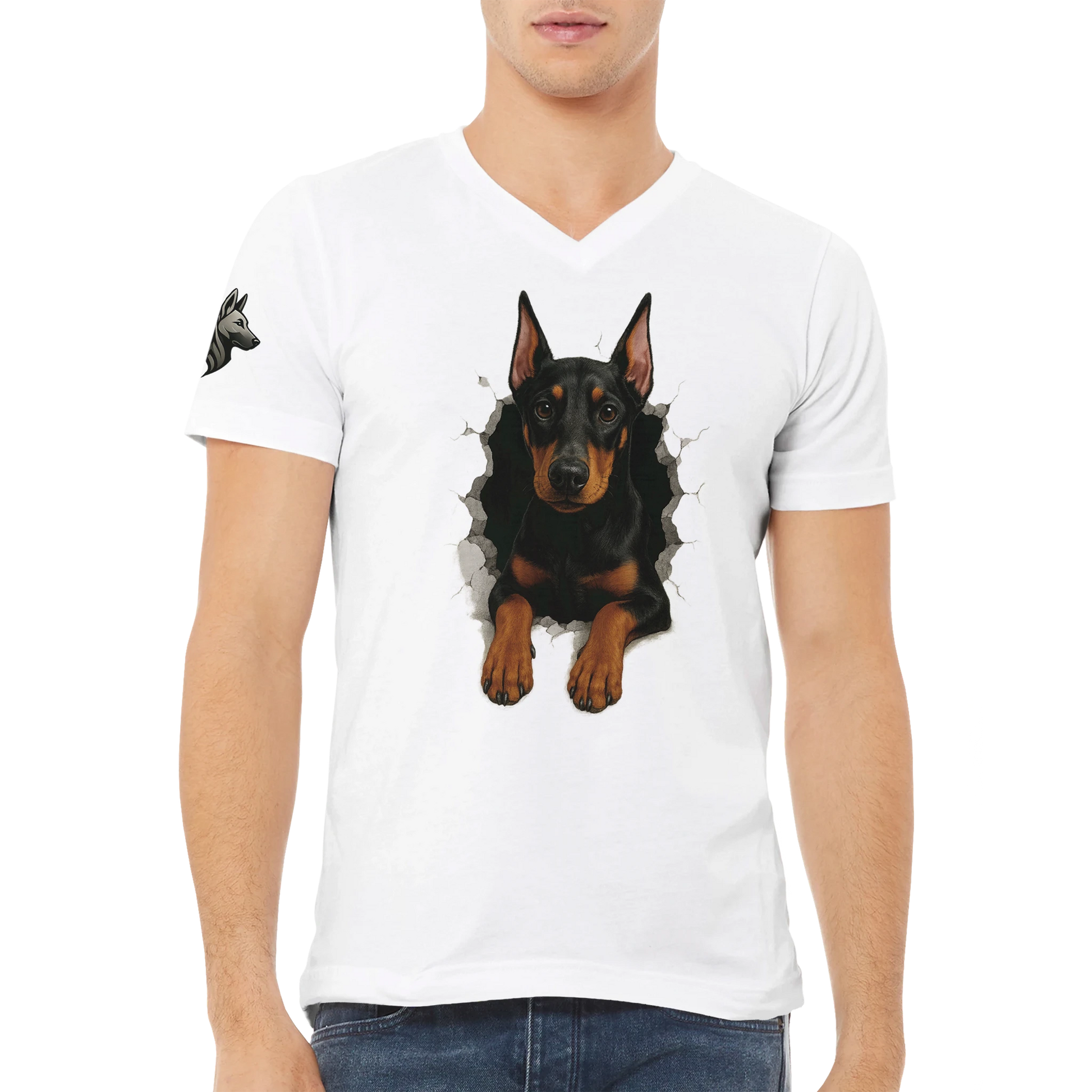T-shirt adulte unisexe premium col en V blanc-Dobermann trou mur