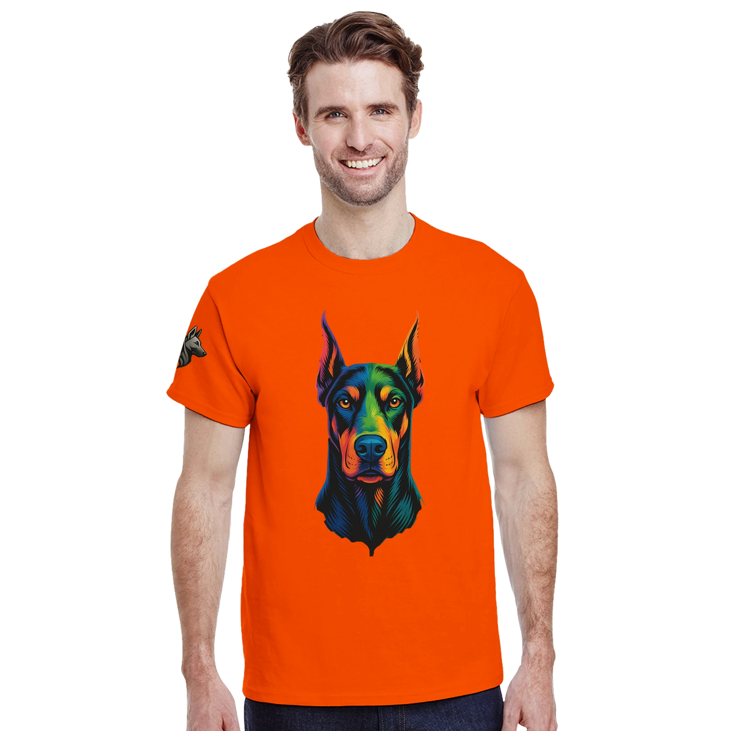 T-shirt adulte unisexe épais ras du cou orange tête Dobermann arc en ciel