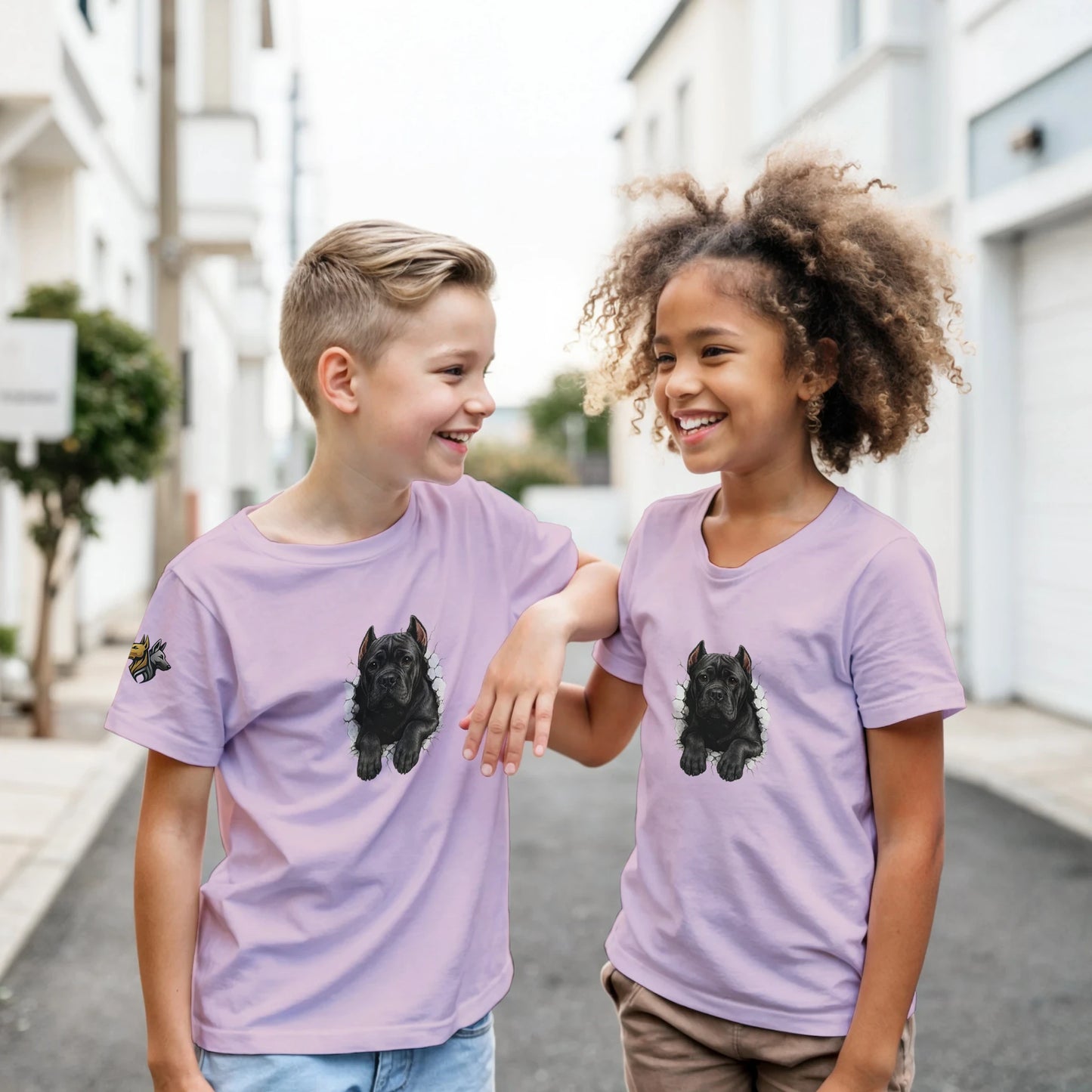 T-shirt enfant violet Cane Corso trou mur
