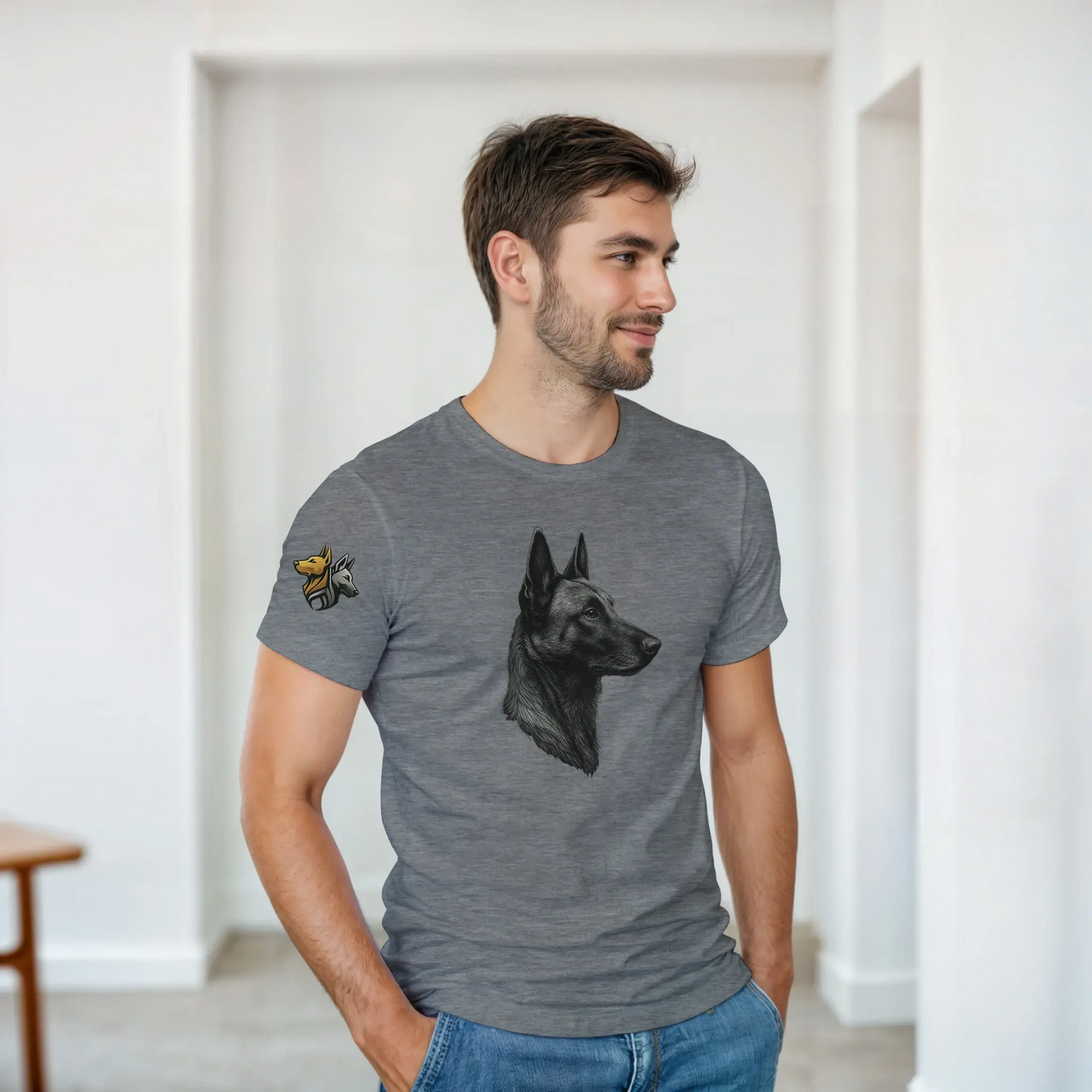 T-shirt adulte unisexe épais ras du cou gris tête profil Malinois argentée