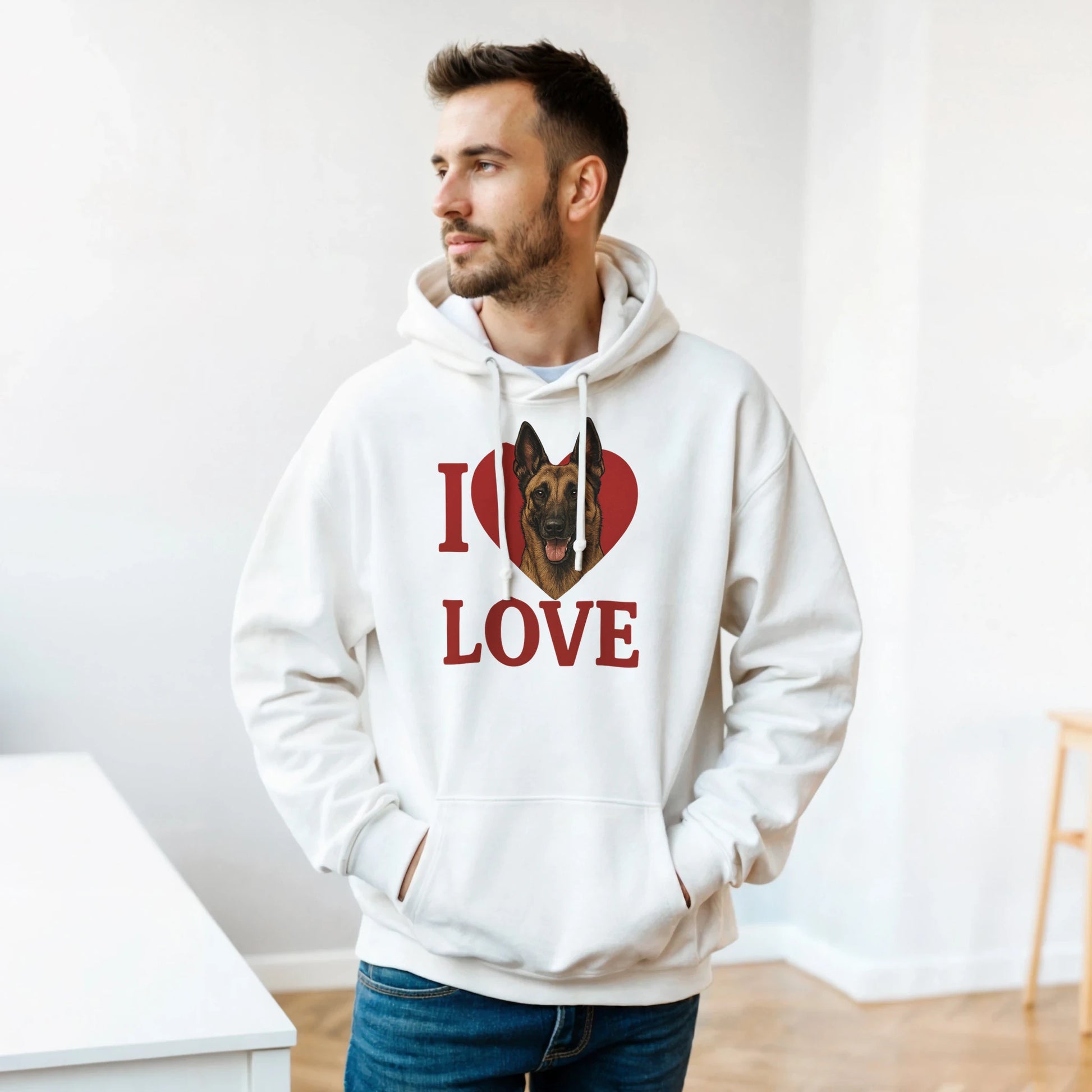 Sweat à capuche adulte unisexe classique blanc I love Malinois