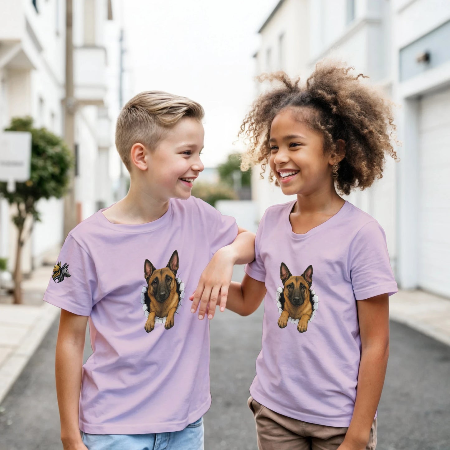 T-shirt enfant classique rose Malinois trou mur