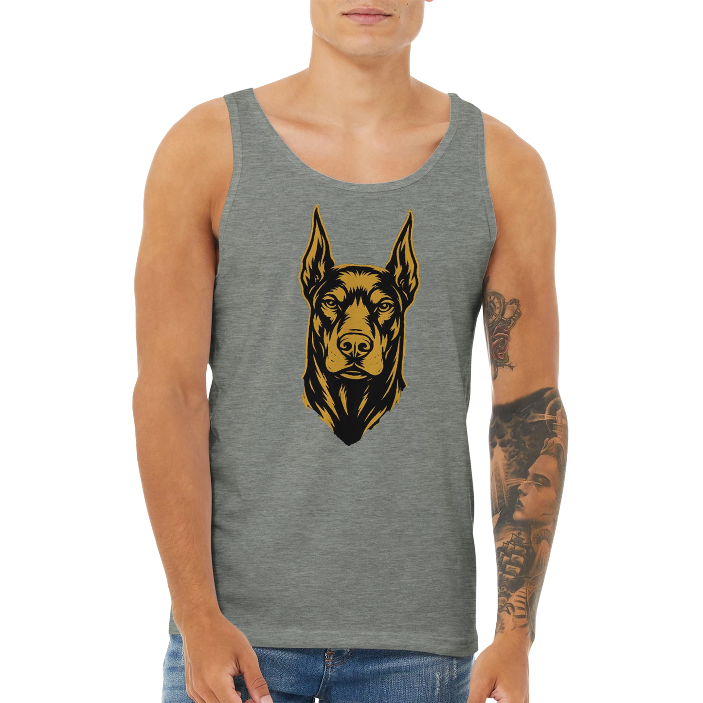 Débardeur adulte unisexe premium gris tête Dobermann noir doré