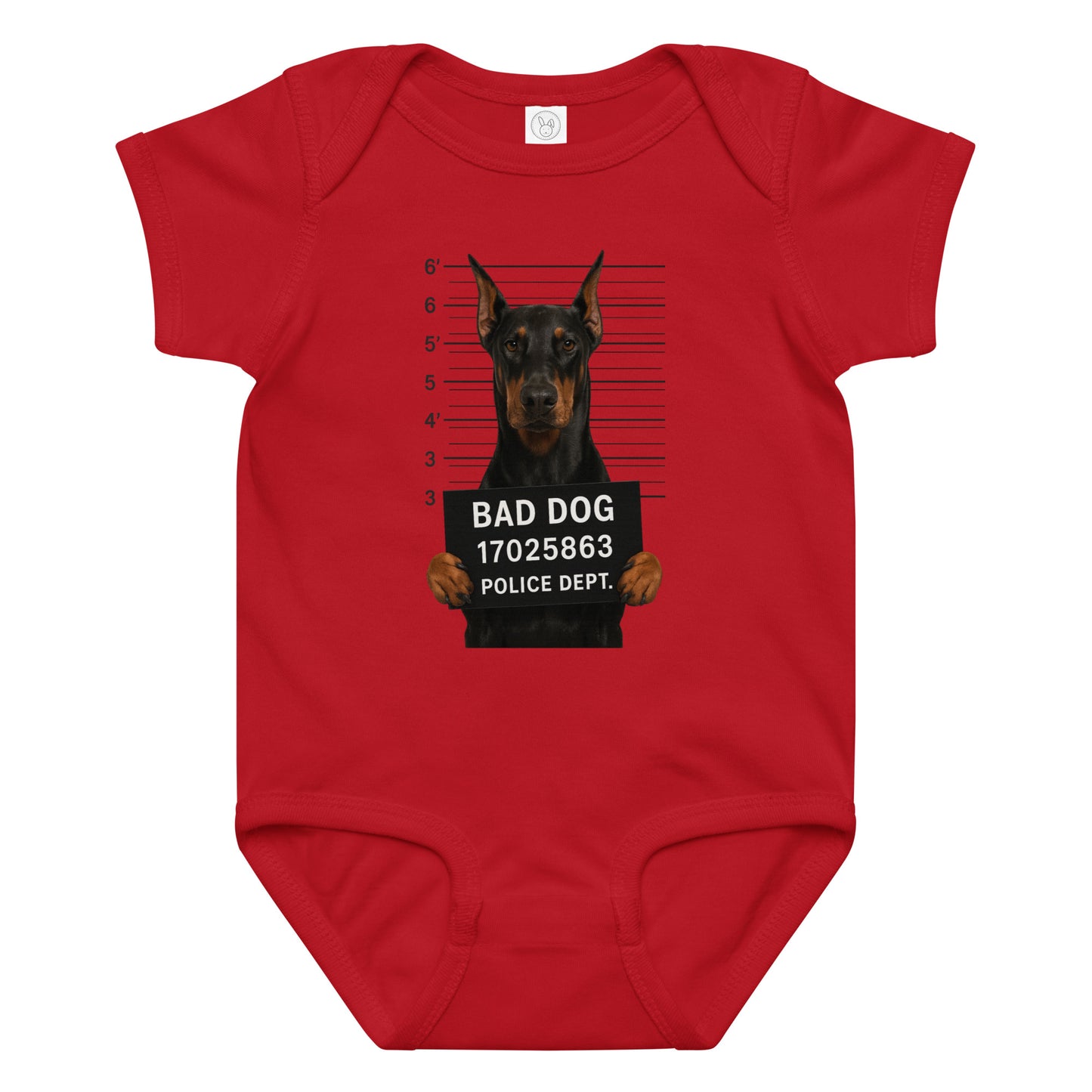 Body bébé en jersey manches courtes rouge Bad Dog Dobermann