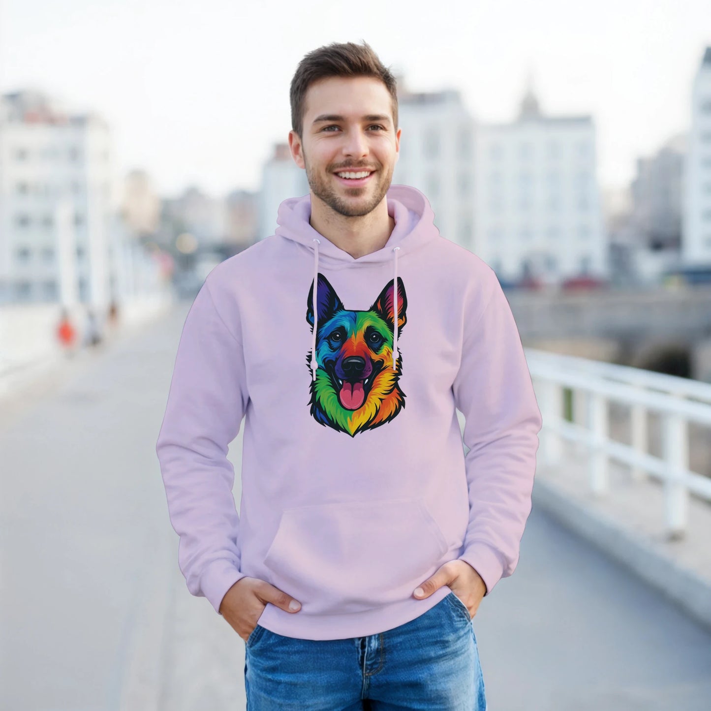 Sweat à capuche adulte unisexe classique rose tête Malinois arc en ciel