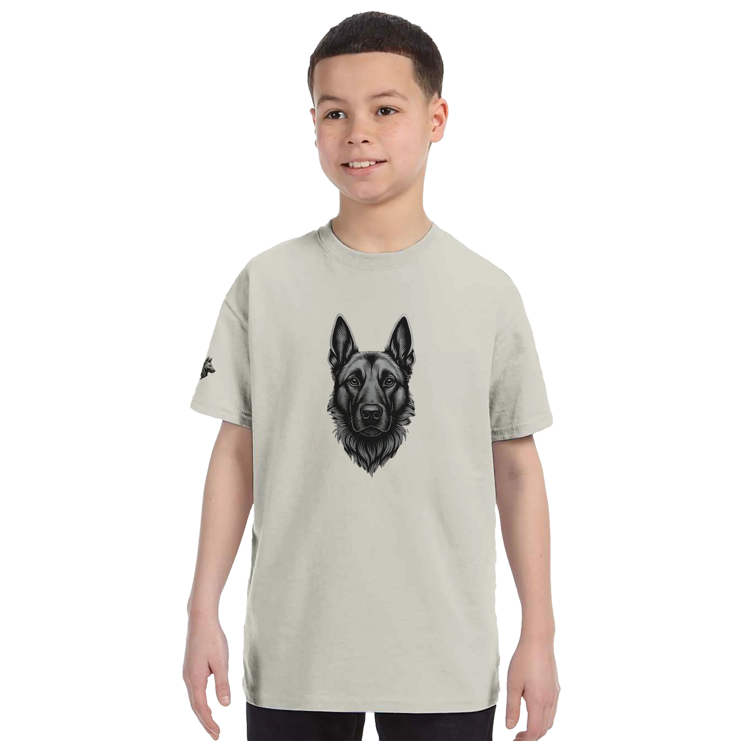 T-shirt enfant classique ras du cou tête Malinois argentée avec logo sur la manche droite MolossDesign