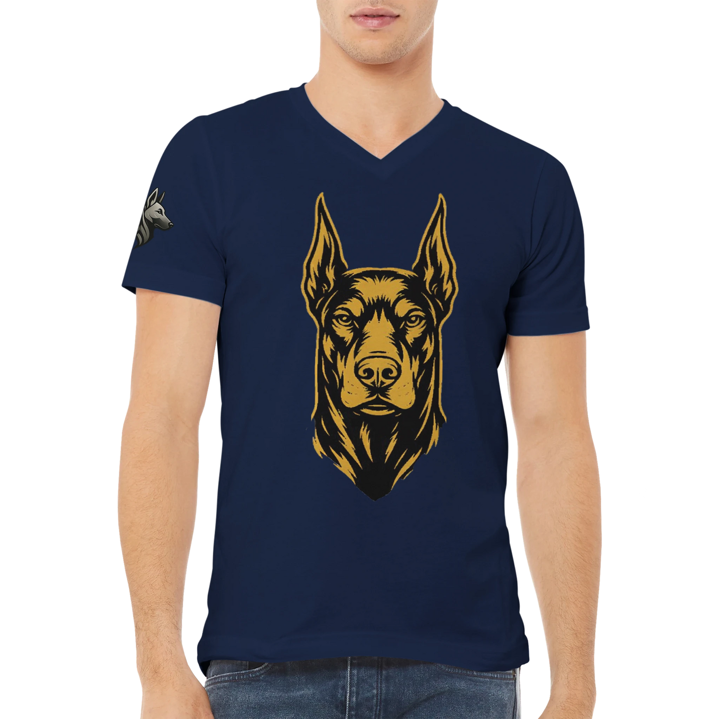 T-shirt adulte unisexe premium col en V bleu tête Dobermann noire/dorée