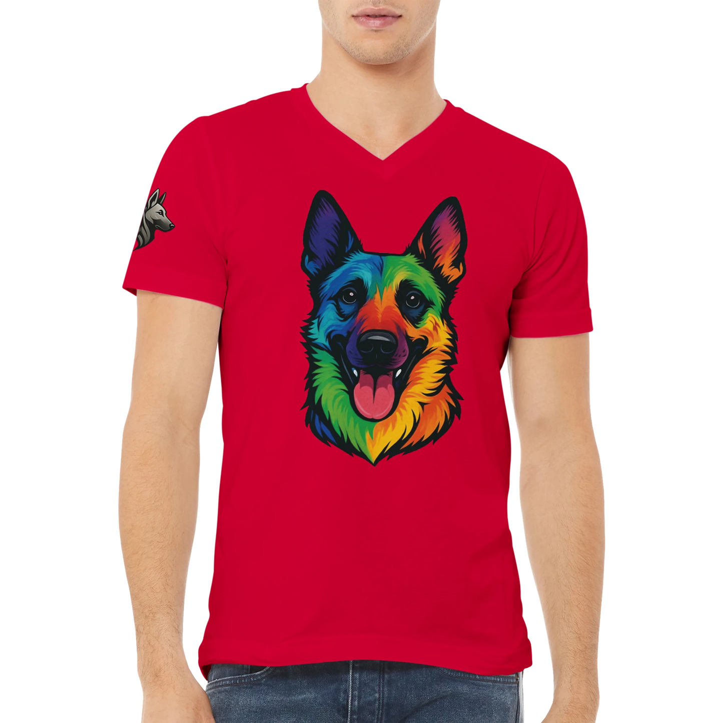 T-shirt adulte unisexe premium col en V rouge tête Malinois arc en ciel