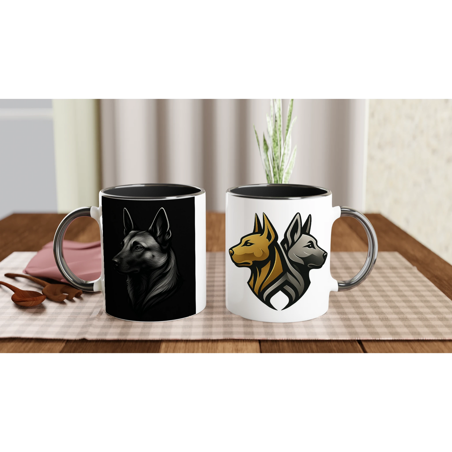 Mug céramique blanche 325 ml (11 oz) intérieur coloré noir-tête Malinois argentée/noire