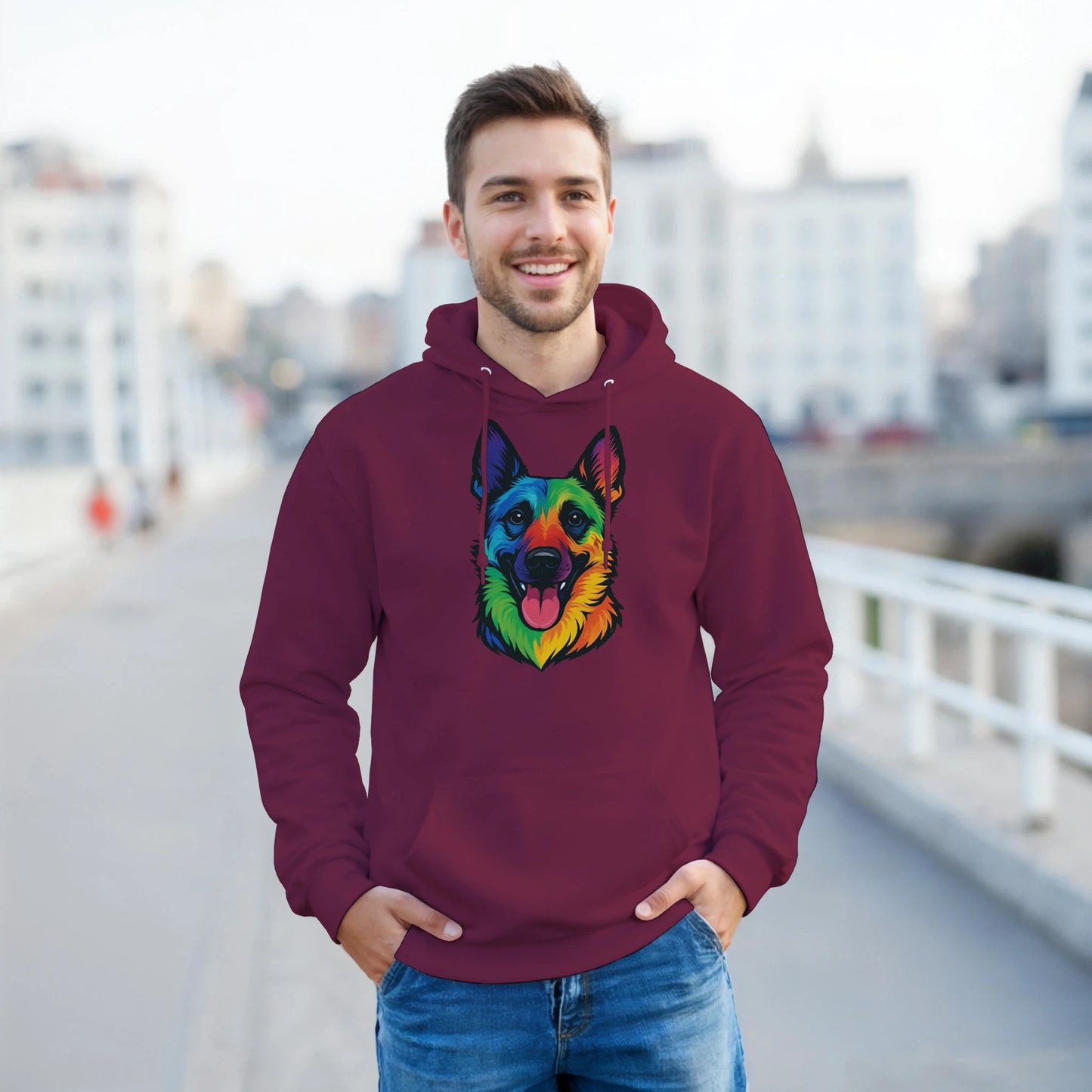 Sweat à capuche adulte unisexe classique rouge tête Malinois arc en ciel