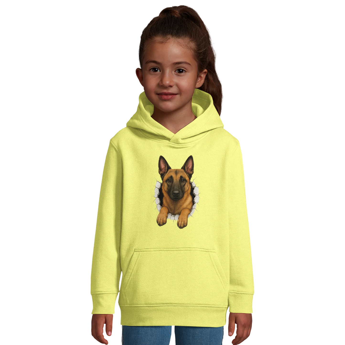 Sweat-shirt enfant à capuche jaune Malinois trou mur