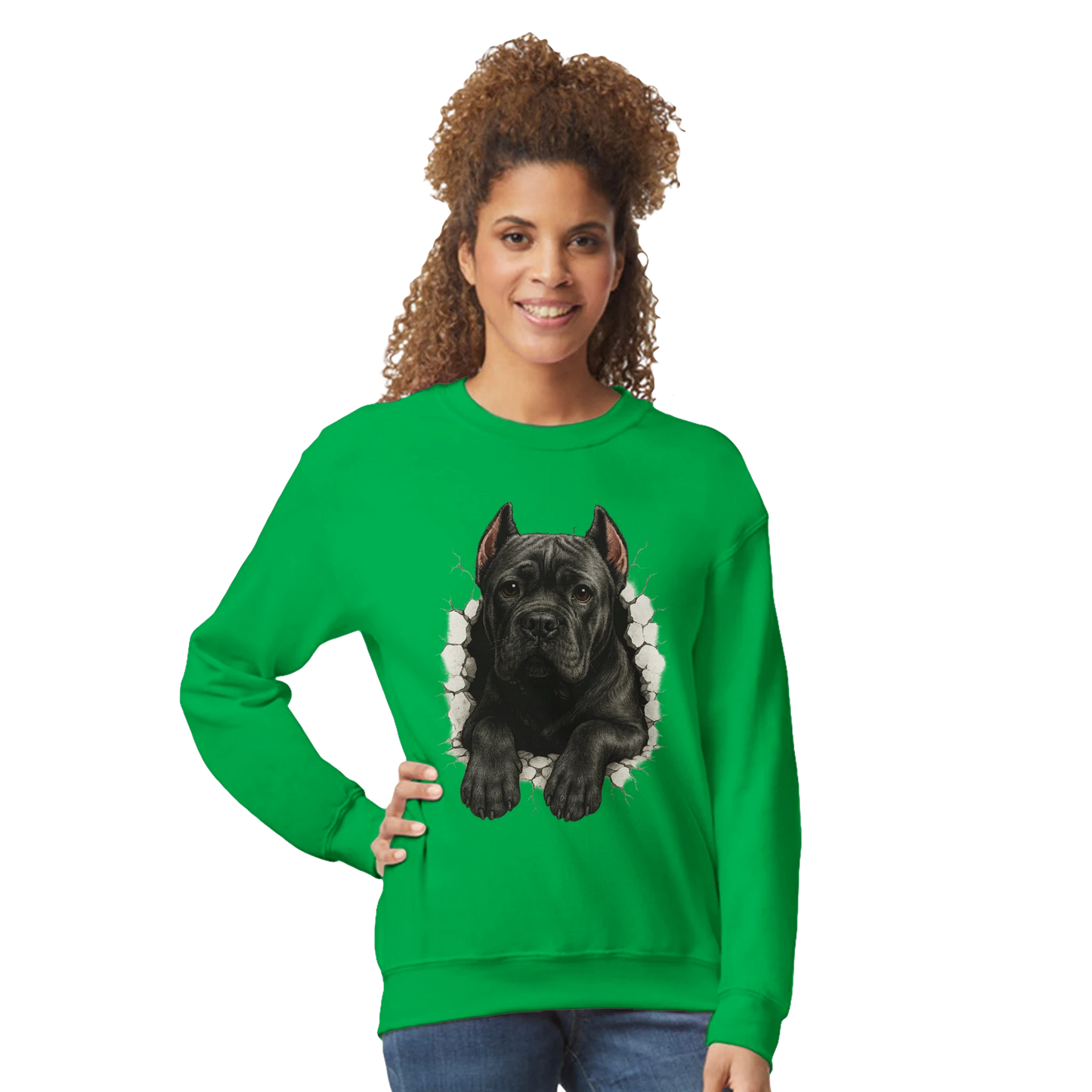 Sweat-shirt adulte unisexe classique ras du cou vert Cane Corso trou mur