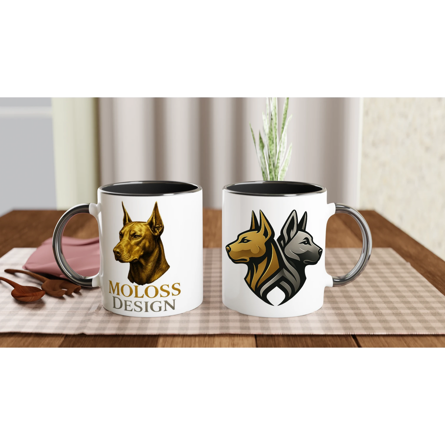 Marque MolossDesign | Mug en céramique blanche 325 ml (11 oz) avec intérieur coloré tête Dobermann doré MolossDesign et logo MolossDesign