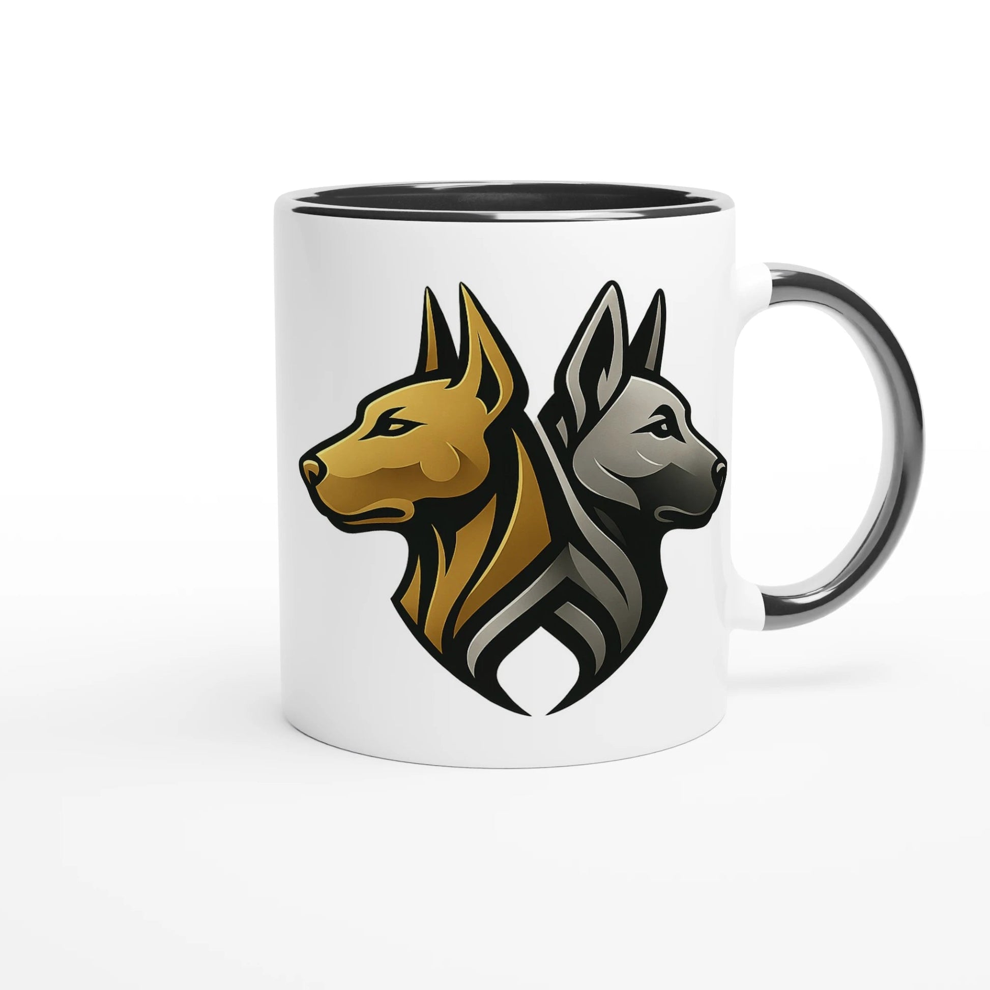 Marque MolossDesign | Mug en céramique blanche 325 ml (11 oz) avec intérieur coloré tête Dobermann doré MolossDesign et logo MolossDesign