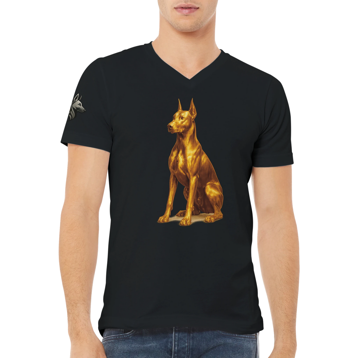 T-shirt unisexe premium col en V noir Dobermann doré assis