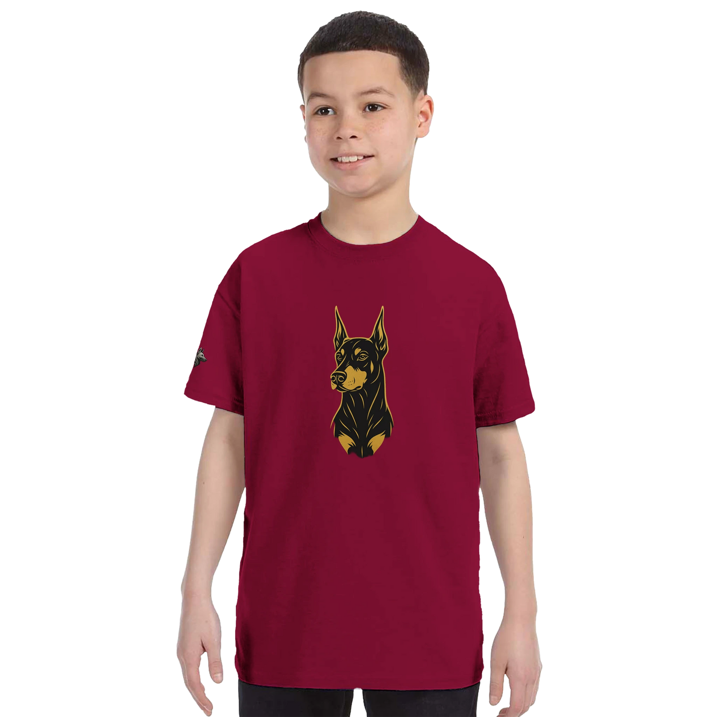 T-shirt enfant classique ras du cou tête Dobermann dorée et noire1 avec logo sur manche droite MolossDesign