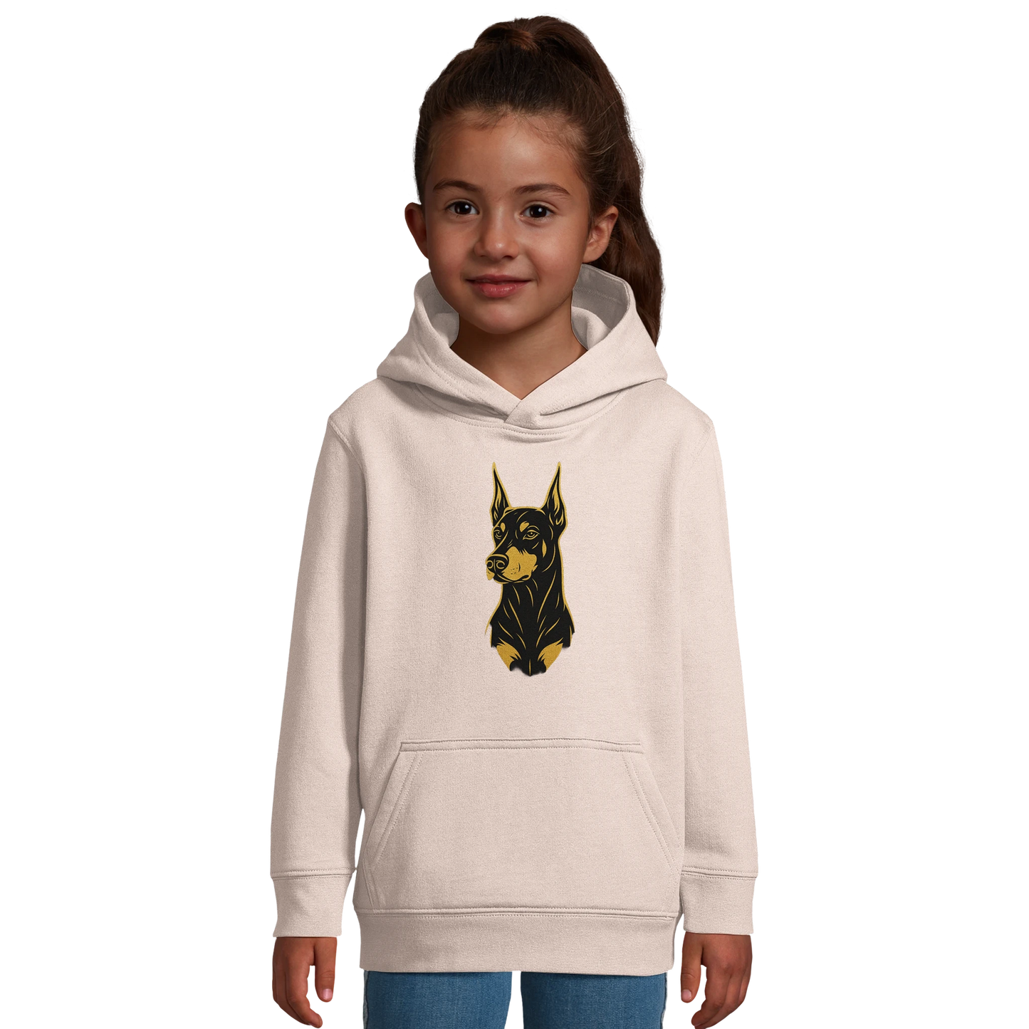 Sweat-shirt à capuche enfant rose tête Dobermann dorée et noire