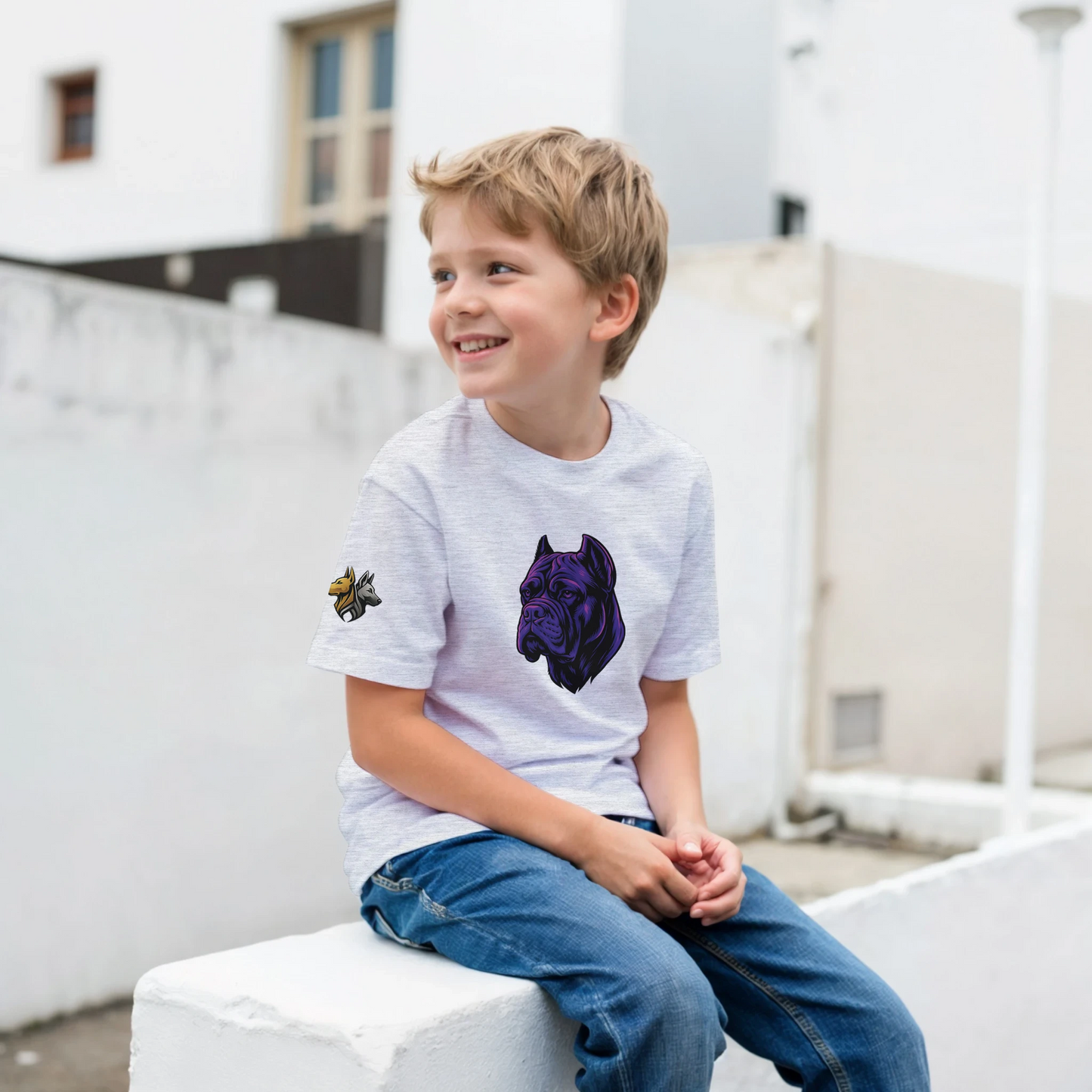 T-shirt enfant classique ras du cou tête Cane Corso 1 avec logo sur manche droite MolossDesign