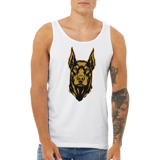 Débardeur adulte unisexe premium blanc tête Dobermann noir doré