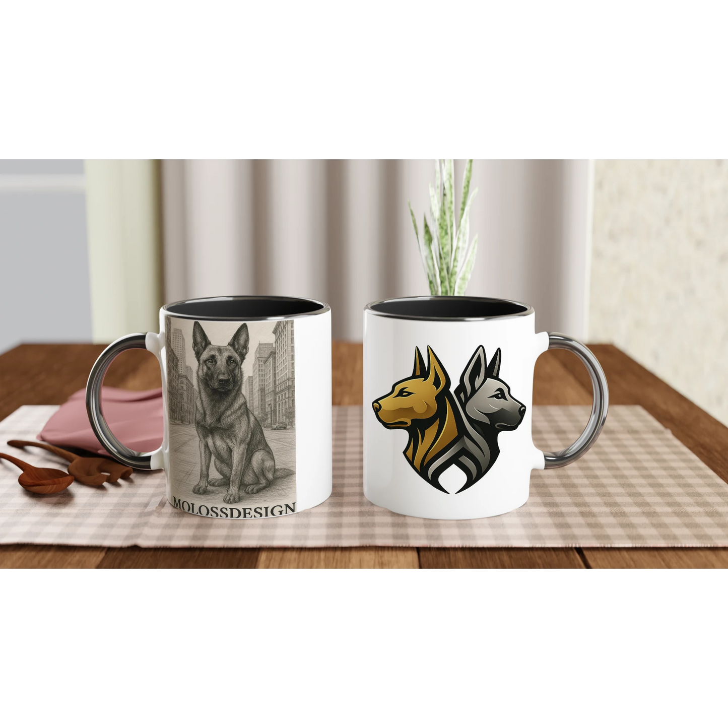 Mug céramique blanche 325 ml (11 oz) intérieur coloré noir-affiche Malinois au crayon