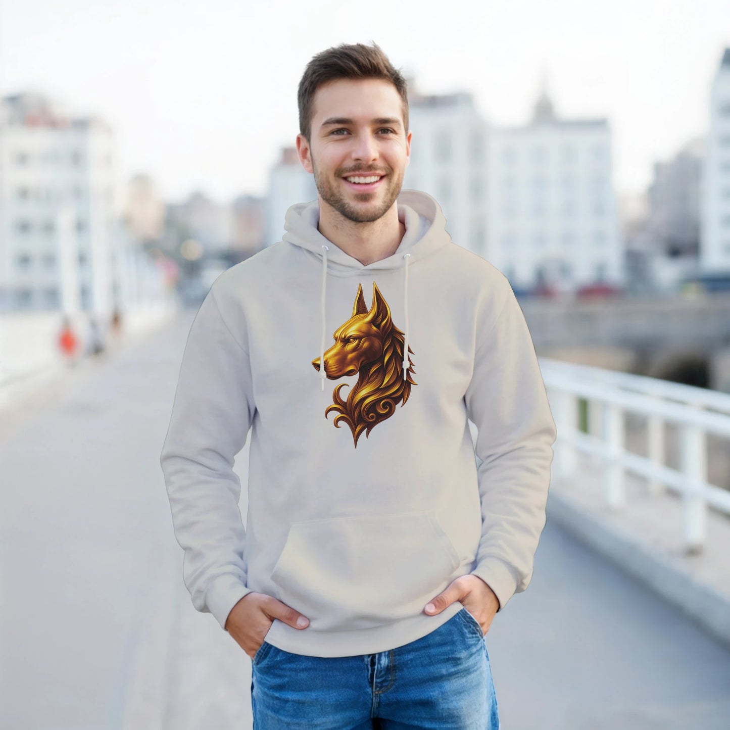 Sweat à capuche adulte unisexe classique beige tête majestueuse Dobermann