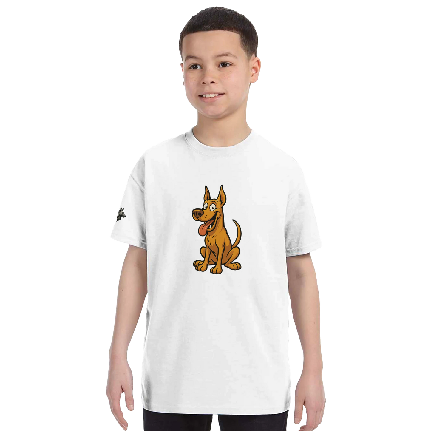 T-shirt enfant classique ras du cou Dobermann humour2 avec logo sur manche droite MolossDesign