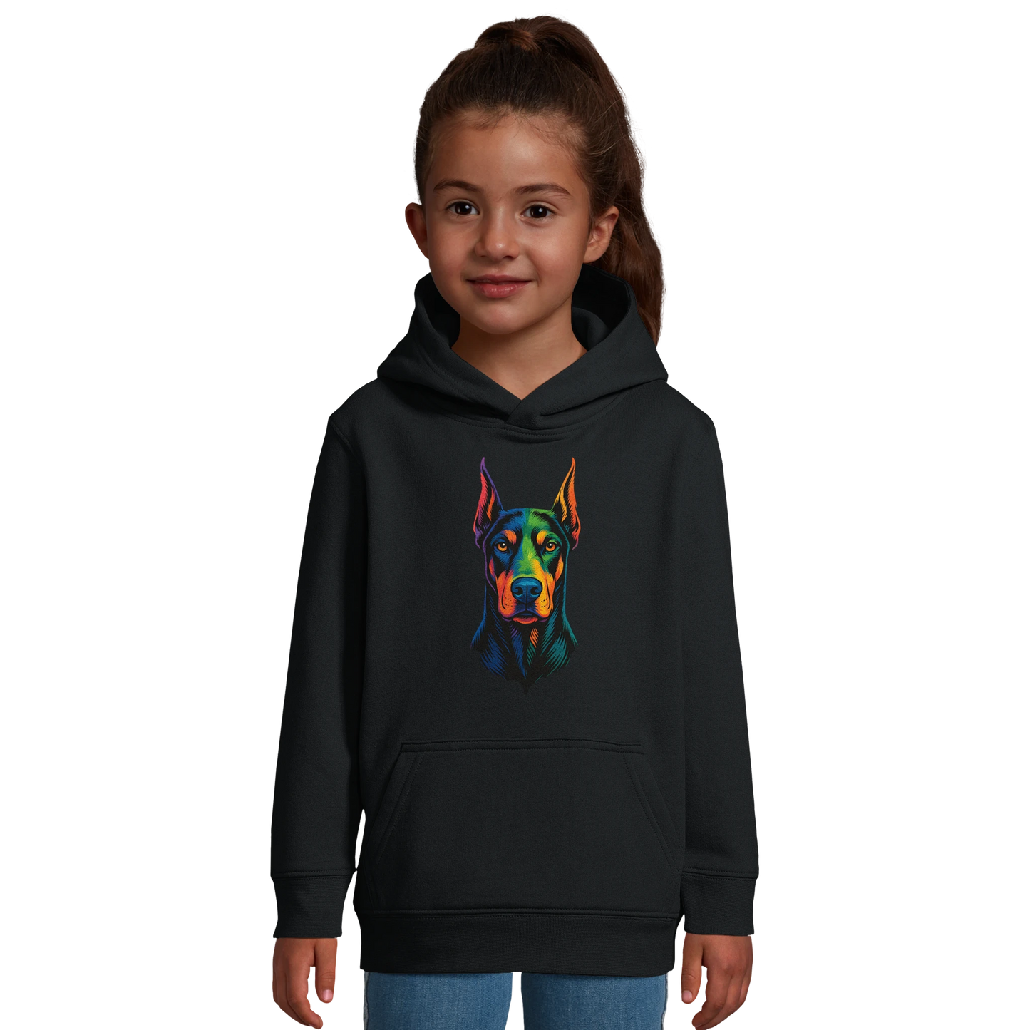 Sweat-shirt à capuche enfant noir tête Dobermann arc en ciel