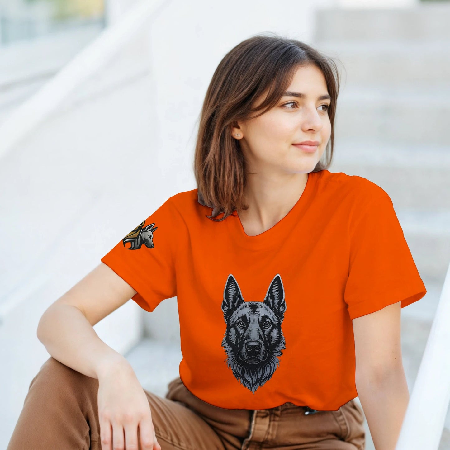 T-shirt adulte unisexe épais ras du cou orange tête Malinois argentée