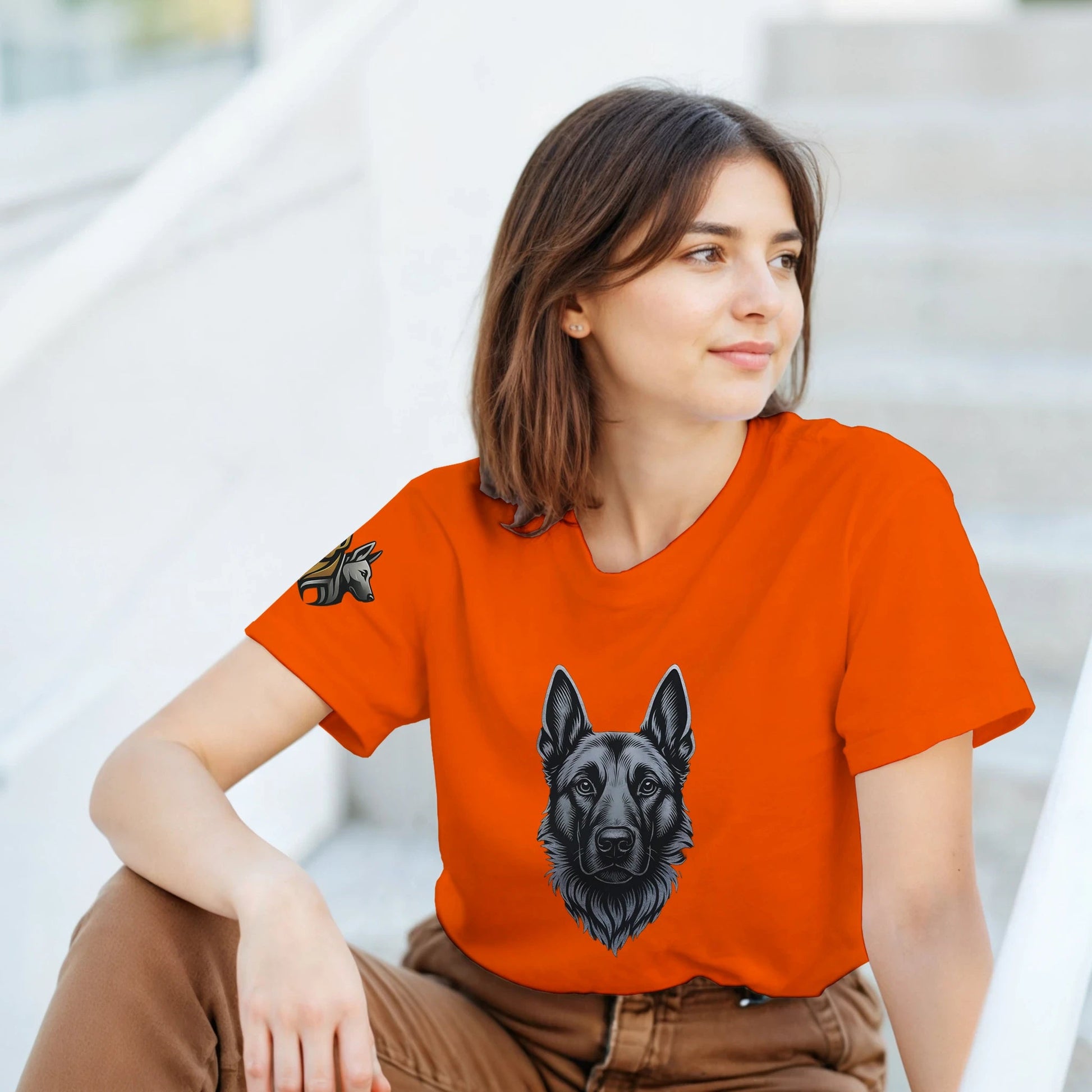 T-shirt adulte unisexe épais ras du cou orange tête Malinois argentée
