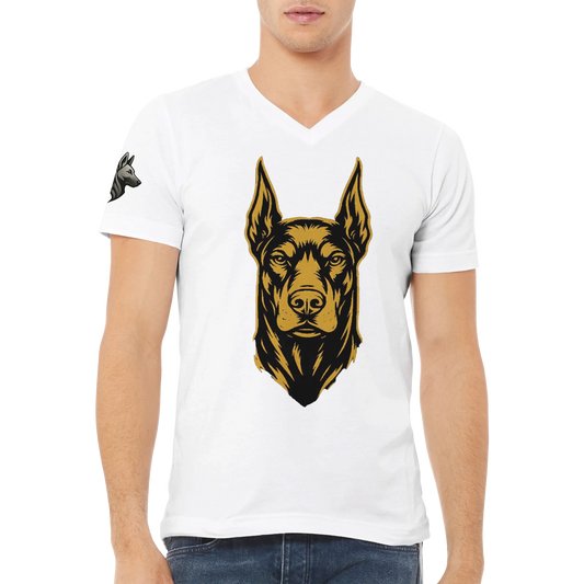 T-shirt adulte unisexe premium col en V blanc tête Dobermann noire/dorée