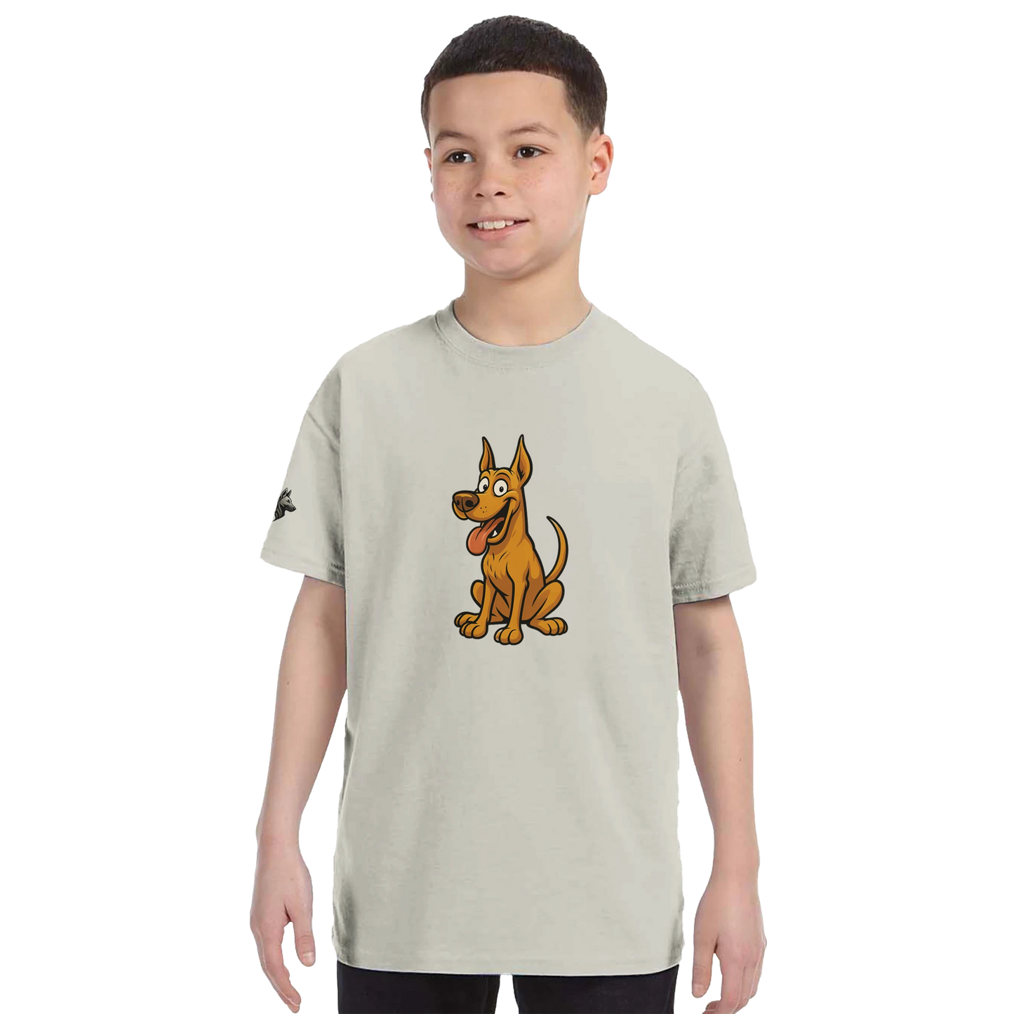 T-shirt enfant classique ras du cou Dobermann humour2 avec logo sur manche droite MolossDesign