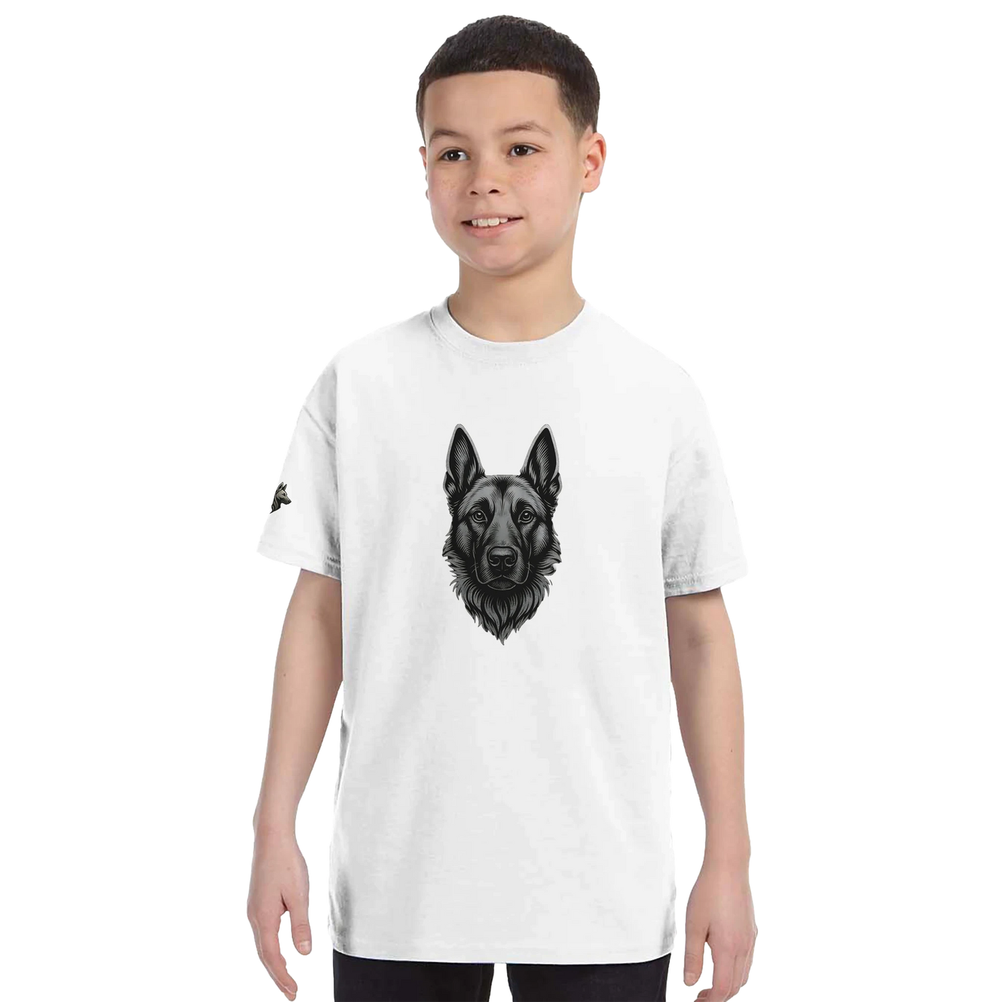 T-shirt enfant classique ras du cou tête Malinois argentée avec logo sur la manche droite MolossDesign